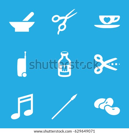 Clipart icons set. set of 9 clipart filled icons such as bowl, bean, barber scissors, milk, cup with heart, suitcase, spear, music note