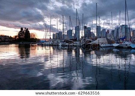 Vancouver skyline and harbor at sunset. Vancouver. False Creek.  British Columbia. Canada.
