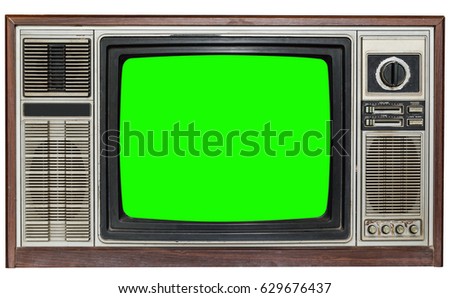 Vintage TV Screen Clipping path green Background
