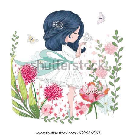 Beautiful girl in flower garden vector design.