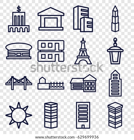 City icons set. set of 16 city outline icons such as business centre, building, airport, eiffel tower, street lamp, bridge, house builidng, builidng, avenue, hotel, school