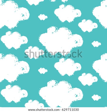 Brush strokes texture cloud, hand drawn seamless pattern. White spots on turquoise background, vector illustration.
