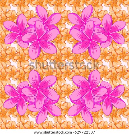 Vector seamless floral pattern with plumeria flowers and leaves on a beige background.