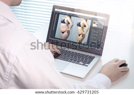 Editor retouching an image of a woman in bikini for marketing or advertisement. Heavy makeover with photo editing software from chubby to skinny. Standard of beauty and body image concept.