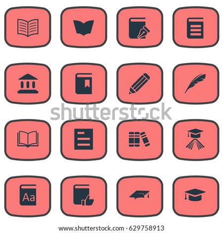 Vector Illustration Set Of Simple Books Icons. Elements Academic Cap, Academic Cap, Encyclopedia And Other Synonyms Write, List And Dictionary.