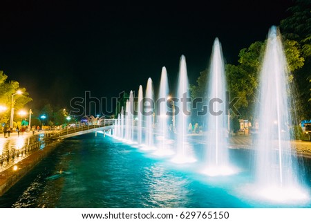 Batumi, Adjara, Georgia. Singing And Dancing Fountains Is Local Landmark At Boulevard Fountains. Night Illuminations. Royalty-Free Stock Photo #629765150