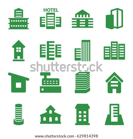 Skyscraper icons set. set of 16 skyscraper filled icons such as building, business center building, house building
