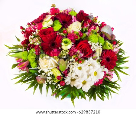 Beautiful flower arrangements for winter, spring, summer and autumn with colored backgrounds of red, purple and wintry white Royalty-Free Stock Photo #629837210
