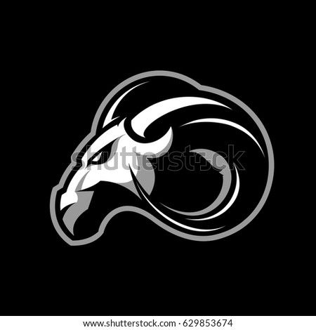 Furious ram sport club vector logo concept isolated on black background. Modern professional team badge mascot design. Premium quality wild ram animal athletic division t-shirt tee print illustration.