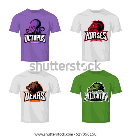 Furious octopus, horse, bear and alligator sport vector logo concept set isolated on t-shirt mockup. Modern team badge mascot design. Premium quality wild animal t-shirt tee print illustration.