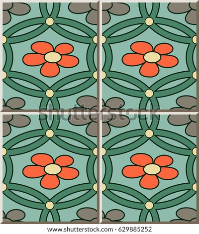 Ceramic tile pattern retro green round cross frame flower