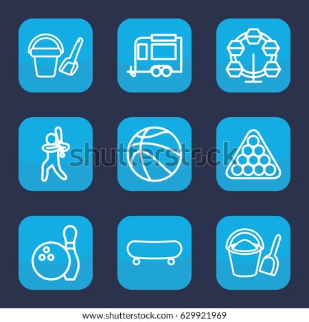 Recreation icon. set of 9 outline recreation icons such as bucket toy for beach, billiards, trailer, bucket and shovel, baseball player, bowling, basketball, skate