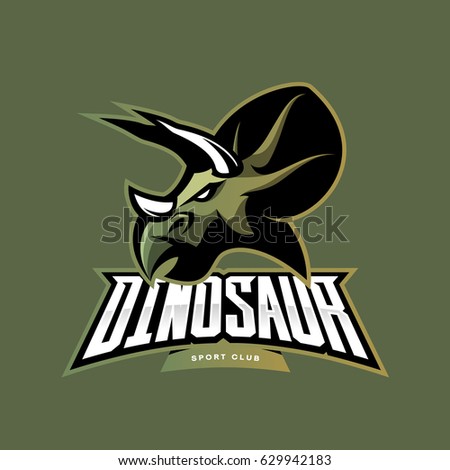 Furious dinosaur sport club vector logo concept isolated on khaki background. Modern team badge mascot design. Premium quality wild reptile t-shirt tee print illustration. Savage monster icon.