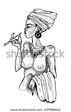black woman in a turban with a mouthpiece Topless vector clip art