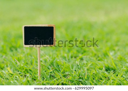 Close up shot blank wooden sign on green grass shallow depth of field