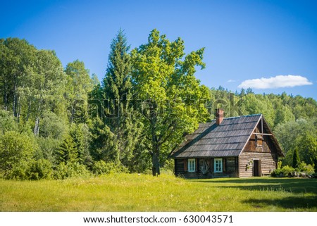 Little old private house placed on the field near forest in the village