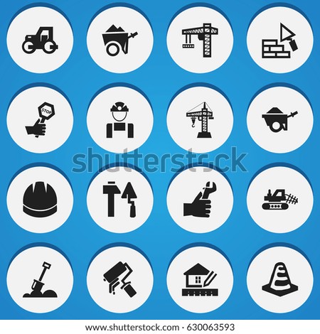 Set Of 16 Editable Structure Icons. Includes Symbols Such As Hardhat, Trolley, Construction Tools And More. Can Be Used For Web, Mobile, UI And Infographic Design.