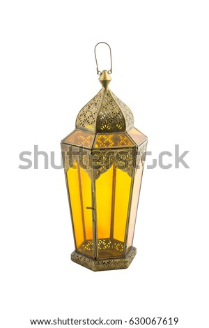 Yellow Antique oriental lantern - Ramadan Lamp isolated on white background Royalty-Free Stock Photo #630067619