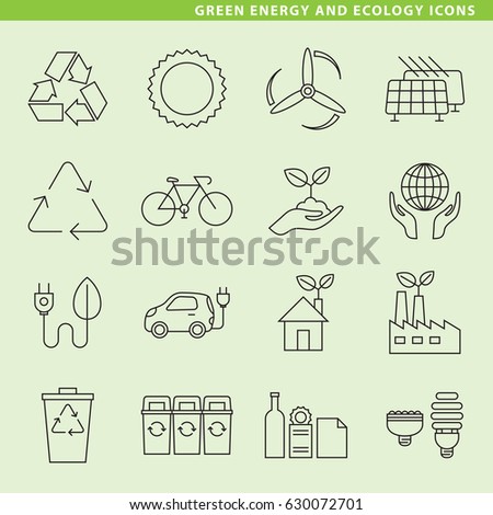 Set of sixteen green energy icons for your projects about ecology.