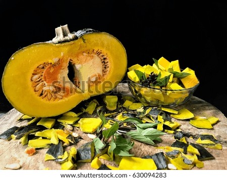 Front view of a pumpkin placed on a black background.