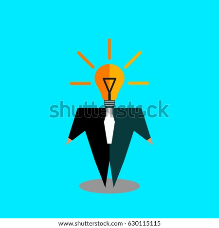 Cartoon businessman in suit with light bulb instead of head. Flat business icon. Vector illustration