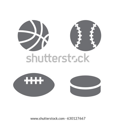 Grey vector icons of a basketball, baseball, football and hockey puck.