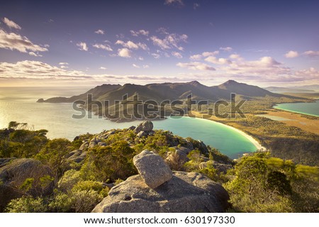 Top of Mt Amos over looking Wineglass Bay, Tasmania Royalty-Free Stock Photo #630197330