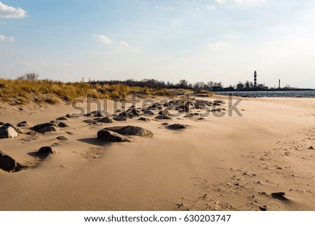 View of a rocky coast beach in the morning. Long exposure shot. Latvia