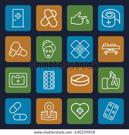 Treatment icons set. set of 16 treatment outline icons such as aid post, spa mask, pill, medical kit, medical pills, injured finger, bandage, hospital stretch