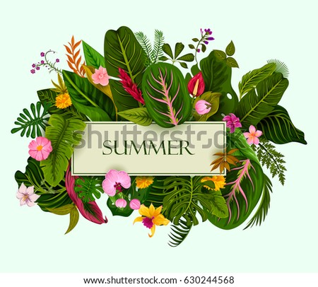 Abstract exotic tropical leaf background in vector for invitation greeting template of Summer