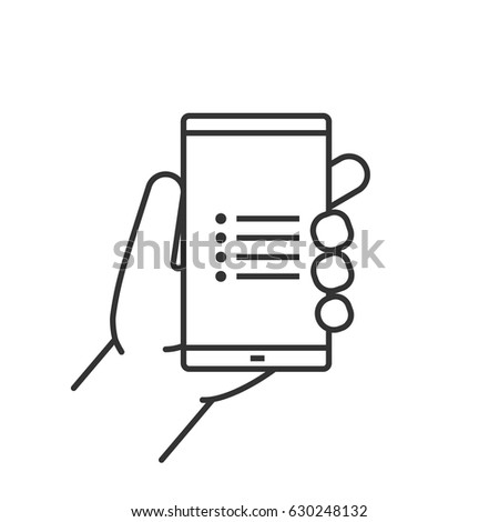 Hand holding smartphone linear icon. Thin line illustration. Smart phone menu app contour symbol. Vector isolated outline drawing