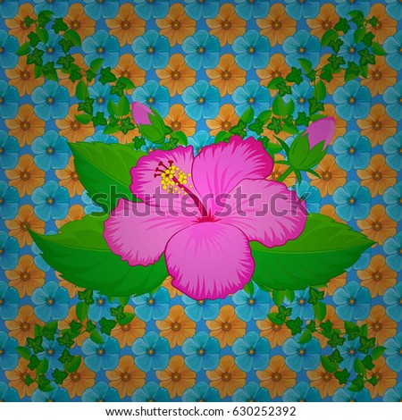 Beautiful watercolor hibiscus flowers on a blue background. Bright painting inspired hibiscus flower print. Vector seamless background.