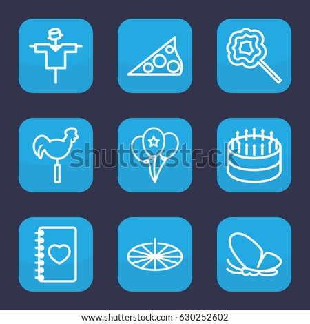 Decoration icon. set of 9 outline decoration icons such as butterfly, scarecrow, lollipop, weather vane, notebook with heart, balloon, sundial