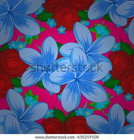 Watercolor seamless pattern on striped background. Vector floral print on a magenta background. Cute plumeria flowers pattern.