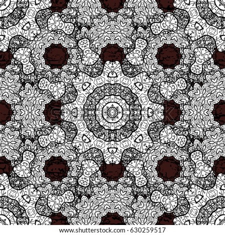 Floral ornament brocade textile pattern, glass, with floral pattern on brown background with white elements. Classic vector ornamental pattern.