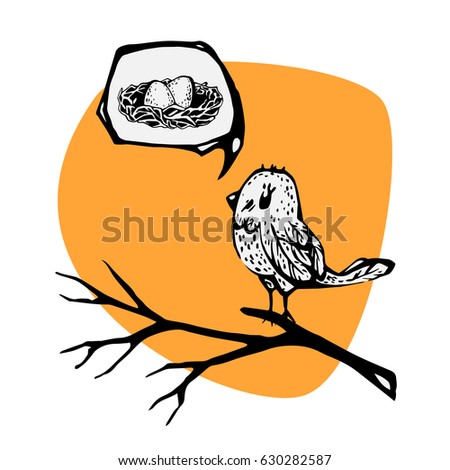 Bird on a branch singing. Black-and-white illustrations.