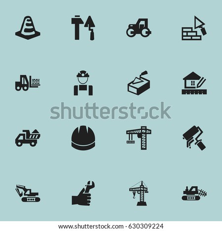 Set Of 16 Editable Construction Icons. Includes Symbols Such As Caterpillar, Truck, Excavation Machine And More. Can Be Used For Web, Mobile, UI And Infographic Design.