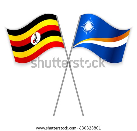 Ugandan and Marshallese crossed flags. Uganda combined with Marshall Islands isolated on white. Language learning, international business or travel concept.
