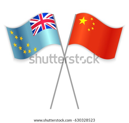 Tuvaluan and Chinese crossed flags. Tuvalu combined with China isolated on white. Language learning, international business or travel concept.