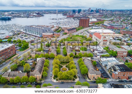 Aerial view of Canton and the harbor, in Baltimore, Maryland.