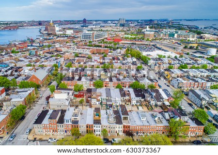 Aerial view of Riverside Park and Locust Point, in Baltimore, Maryland.