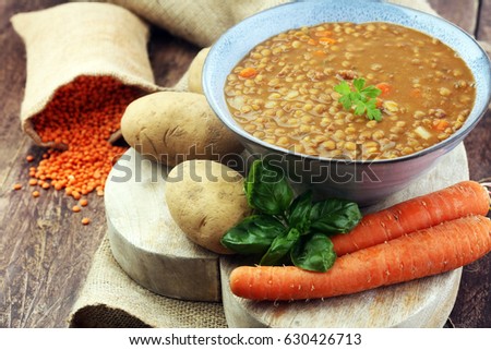Lentil soup with potato in a bowl Royalty-Free Stock Photo #630426713