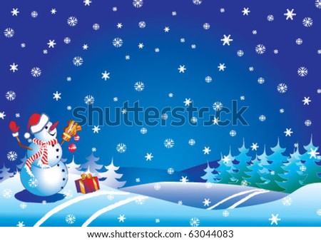 Snowman with present-Xmas background.