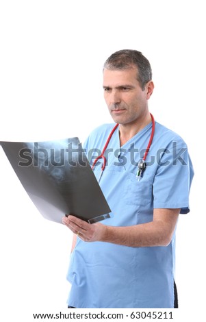 doctor looking at a xray in a white background