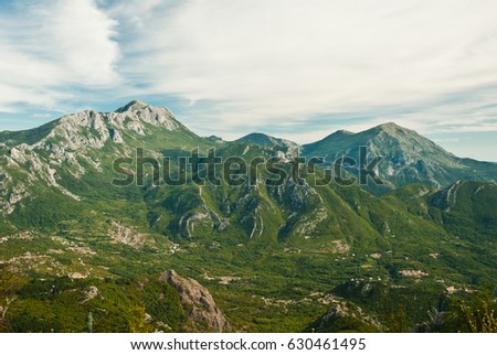 Montenegro mountains, view of rocky green hills, balkan Royalty-Free Stock Photo #630461495