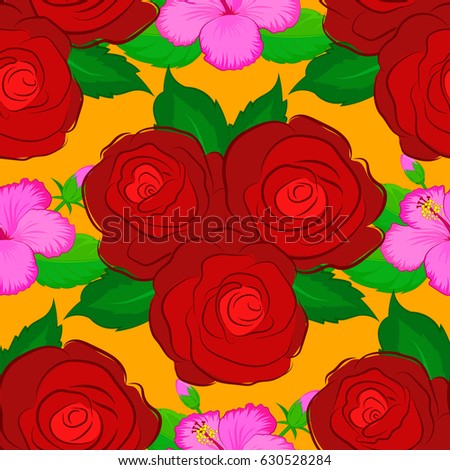 Bright beautiful rose flowers and green leaves seamless background. Abstract cute floral print on a yellow background. Vector illustration.