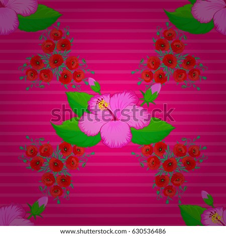 Trendy print with watercolor ditsy hibiscus flowers on a magenta background. Beautiful vector seamless pattern for decoration and design. Exquisite pattern with hibiscus flowers in vintage style.