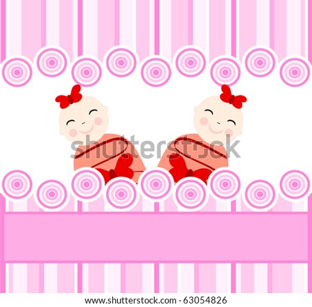 raster illustration of the twins girls on pink striped background