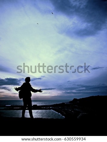 A silhouette of a person standing on the cliff of Dover during twilight time. The image depicts "A person should never stop dreaming and always seek for new adventure".      