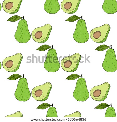 Avocado seamless pattern in color. Whole avocado, sliced pieces, half, leaf and seed sketch. Vintage hand drawn sketch illustration. Linear graphic, line art.